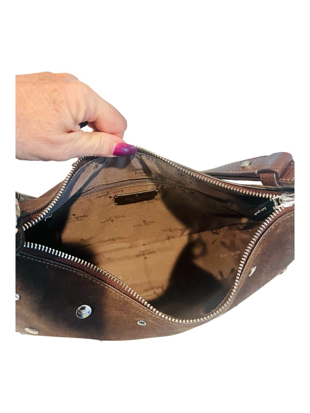 Kate Spade Kayla Suede Studs Large Shoulder Bag Hot Fudge Brown Silver Studded - Picture 6 of 6